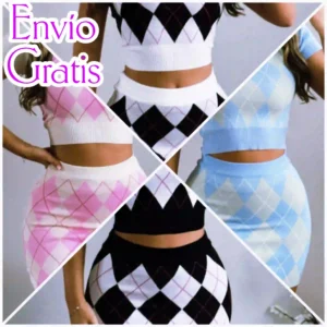 Conjunto en hilo moderno para mujer, con top crop y falda