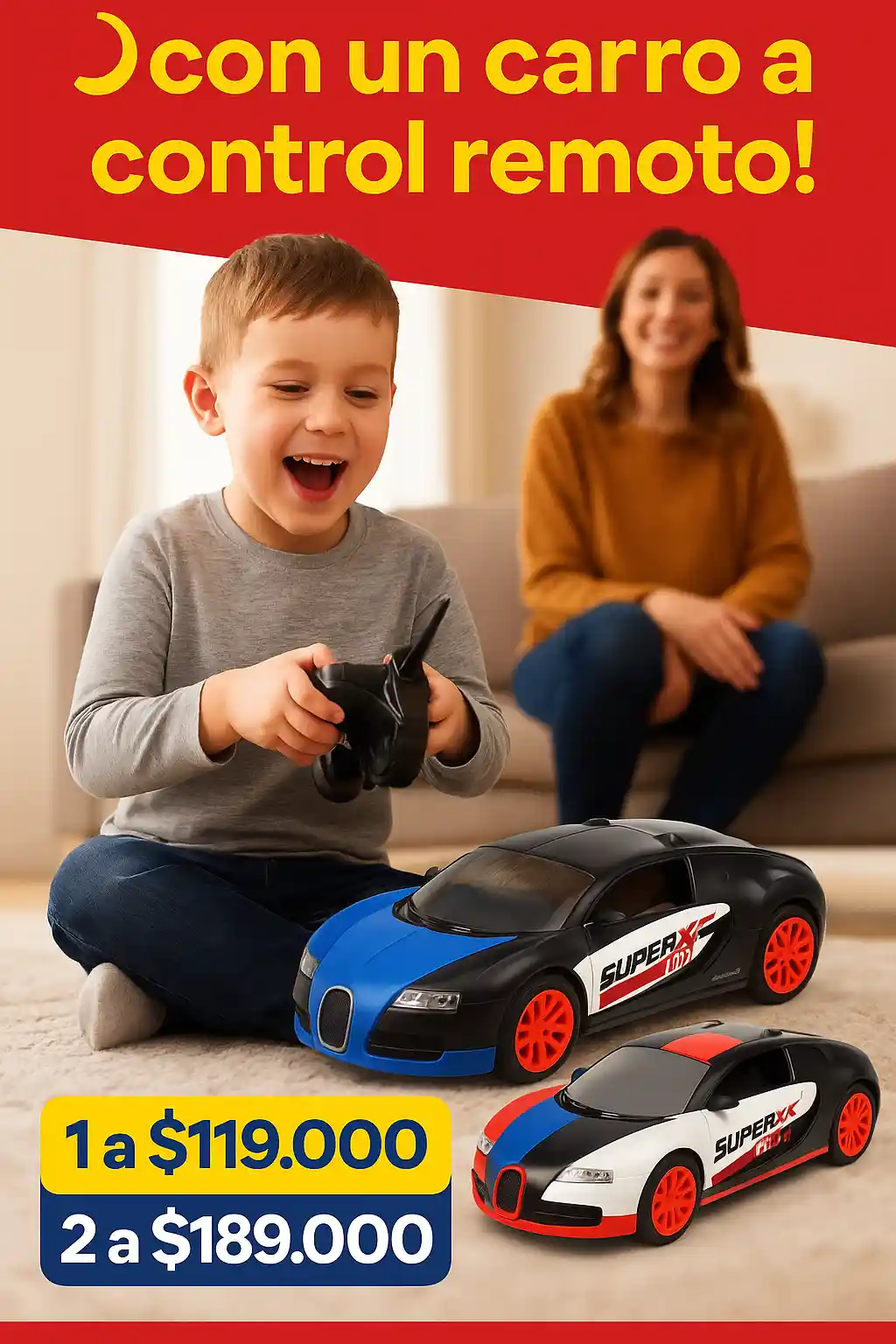 mama viendo a su hijo jugar con caaro feliz